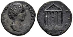 Roman Imperial Diva Faustina. Sestertius. 141-146 AD. Rome. (Ric-1148). (Bmcre-1454). (Banti-96). Anv.: DIVA AVGVSTA FAVSTINA, draped bust right. Rev.: (PI)ETAS AVG, the Temple of Antoninus Pius and F