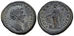 Roman Imperial Marcus Aurelius. Dupondius. 165-166 AD. Rome. (Ric-III 924). (Bmcre-1284). Anv.: M AVREL ANTONINVS AVG ARMENIACVS P M, radiate head to right. Rev.: TR POT XX IMP III COS III, Providenti