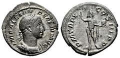 Roman Imperial Severus Alexander. Denarius. 232 AD. Rome. (Ric-IV 112). (Bmcre-855). (Rsc-427). Anv.: IMP ALEXANDER PIVS AVG, laureate, draped and cuirassed bust to right. Rev.: P M TR P XI COS III P 
