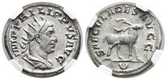 Roman Imperial Philip I. Antoninianus. 248 AD. Rome. (Ric-IV 19). (Rsc-182). Anv.: IMP PHILIPPVS AVG. Radiate, draped, and cuirassed bust to right. Rev.: SAECVLARES AVGG. Stag walking to right; U in e