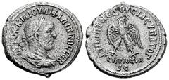 Roman Imperial Philip I. Tetradrachm. 244-249 AD. Antioch. (McAlee-902). (Prieur-371). Anv.: AYTOK K M IOYΛI ΦΙΛΙΠΠΟC CЄB, laureate, draped and cuirassed bust right, seen from behind. Rev.: ΔΗΜΑΡX ЄΞO