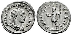 Roman Imperial Philip II. Antoninianus. 244-246 AD. Rome. (Ric-218d). (Seaby-48). Anv.: M IVL PHILIPPVS CAES, radiate, draped and cuirassed bust to right. Rev.: PRINCIPI IVVENT, Prince standing to lef