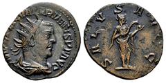 Roman Imperial Valerian I. Antoninianus. 253-255 AD. Antioch. (Ric-No cita). (Mir-36, 1581b). Anv.: IM(P C P LIC) VALERIANVS P F AVG, radiate, draped, and cuirassed bust right. Rev.: SALVS AVGG, Salus
