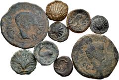 Large Lots Lot of 9 coins from Ancient Hispania. All from the Arse-Sagunto mint of different types. Includes a monetiform lead and two Tiberius As with DD countermark. Ae. TO EXAMINE. F/Almost VF. Est