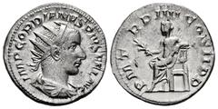 Roman Imperial Gordian III. Antoninianus. 241-243 d.C. Rome. (Ric-IV 89). (Rsc-261). Anv.: IMP GORDIANVS PIVS FEL AVG, radiate, draped and cuirassed bust to right. Rev.: P M TR P V COS II P P, Apollo 