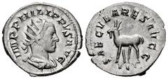 Roman Imperial Philip II. Antoninianus. 246-248 d.C. Rome. (Ric-IV 224). (Rsc-72). Anv.: IMP PHILIPPVS AVG, radiate, draped and cuirassed bust to right. Rev.: SAECVLARES AVGG, goat standing to left; I