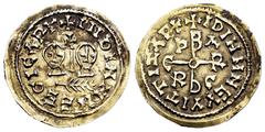 Visigothic Coins Egica and Witiza (698-702). Tremissis. Córdoba. (R. Pliego-731k). (Miles-473a). Anv.: + INDINMNEEGICΛP+. Facing busts with a scepter topped by a cross between them; below spike or pal