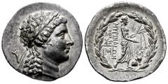 Greek Coins Aeolis. Myrina. Tetradrachm. 160-143 BC. (Sacks-Issue 30). Anv.: Laureate head of Apollo to right. Rev.: MΥΡINAIΩN Apollo Grynios standing right, holding laurel branch in his left hand and