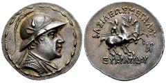 Greek Coins Ex Triton XIX | Greco-Baktrian Kingdom. Eukratides I Megas. Tetradrachm. 170-145 BC. (Bopearachchi-6Z). (SNG Ans-473). Anv.: Diademed and draped bust right, wearing crested helmet adorned 
