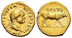 Roman Imperial Vespasian. Aureus. 69-79 AD. Rome. (Ric-II.1, 840). (Calicó-622). Anv.: IMP CAESAR VESPASIANVS AVG, laureate head of Vespasian right. Rev.: COS VII, heifer standing right. Au. 7,27 g. I