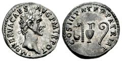 Roman Imperial Nerva. Denarius. 97 AD. Rome. (Ric-II 34). (Bmcre-56). (Rsc-51). Anv.: IMP NERVA CAES AVG P M TR POT II, laureate head to right. Rev.: COS III PATER PATRIAE, priestly emblems: simpulum,