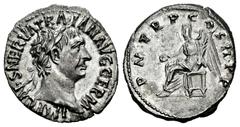 Roman Imperial Trajan. Denarius. 100 AD. Rome. (Ric-II 41). (Woytek-85a). (Bmcre-77). Anv.: IMP CAES NERVA TRAIAN AVG GERM, laureate head to right. Rev.: P M TR P COS III P P, Victory seated to left, 