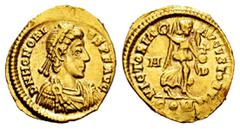 Roman Imperial Honorius. Tremissis. 395-402 AD. Mediolanum. (Ric-X 1215). (Depeyrot-18/2). Anv.: D N HONORIVS P F AVG. Pearl-diademed, draped and cuirassed bust to right. Rev.: VICTORIA AVGVSTORVM. Vi