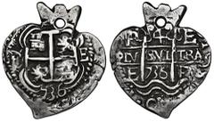 Philip V (1700-1746) "Heart" type | Philip V (1700-1746). 4 reales. 1736. Potosi. E. (Cal-Unlisted). (Km-Unlisted). Ag. 11,06 g. "Heart" Type. Unique. Holed, typical for these issues. Only 18 specimen