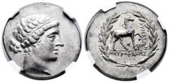 Greek Coins Aeolis. Kyme. Tetradrachm. 150 BC. Magistrate: Metrophanes. (Seaby-4184). (Pozzi-2298). (Sng Cop-104). Anv.: Kyme's head on the right. Rev.: Horse right with raised leg, in front KYMAIΩN, 