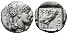 Greek Coins Attica. Athens. Tetradrachm. 454-404 BC. (Gc-2526). (Sng Cop-31). (Kroll-8). Anv.: Head of Athena right, wearing crested Attic helmet ornamented with three olive leaves above visor and spi