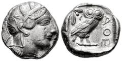 Greek Coins Attica. Athens. Tetradrachm. 454-404 BC. (Gc-2526). (Sng Cop-31). Anv.: Head of Athena right, wearing crested Attic helmet ornamented with three olive leaves above visor and spiral palmett