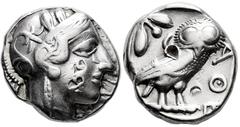 Greek Coins Attica. Athens. Tetradrachm. 454-404 BC. (Gc-2526). (Sng Cop-31). Anv.: Head of Athena right, wearing crested Attic helmet ornamented with three olive leaves above visor and spiral palmett