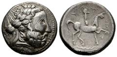 Greek Coins Celts in Eastern Europe. Imitating Philip II of Macedon. Tetradrachm. 3rd Century BC. Mint in Carpathian region. "Dreiecksornament" type. (OTA-413). (Lanz-710 (Drachm)). Anv.: Laureate hea
