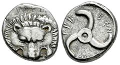 Greek Coins Dynasts of Lycia. Trbbenimi. 1/3 stater. 390-375 BC. Wedrei. (Müseler-VIII, 25/27). (Sng von Aulock-4215). (Podalia-158/70). Anv.: Facing lion's scalp. Rev.: Triskeles; TPBB𐊚NEME around; 