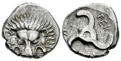 Greek Coins Dynasts of Lycia. Perikles. 1/3 stater. 380-360 BC. (Müseler-VIII, 47/51). (Sng von Aulock-4254/5). (Sng Cop-32). Anv.: Facing lion's scalp. Rev.: Triskeles; Π↑Ρ-ΕΚ-Λ↑ around; all within s
