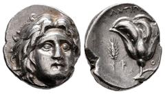 Greek Coins Islands of Caria. Rhodos, Rhodes. Didrachm. 275-250 BC. Antipatros magistrate. (Ashton-186). (Hgc-6,1437). Anv.: Head of Helios facing slightly right. Rev.: Rose, bud to right; ANTIΠ[ATPOΣ