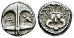 Greek Coins Thrace. Apollonia Pontika. Drachm. Late 5th-4th century BC. (SNG BM Black Sea-153). (Hgc-3.2, 1323). Anv.: Upright anchor; crayfish to left, A to right. Rev.: Facing gorgoneion, with tongu