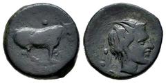Greek Coins Sicily. Gela. Tetras. 420-405 BC. (Jenkins-Gela 532). (CNS-III, 51). (Hgc-2,380). Anv.: Bull right; olive branch above, (three pellets (mark of value)) in exergue. Rev.: Head of river-god 