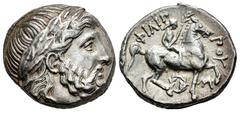 Greek Coins Kingdom of Macedon. Philip II. Tetradrachm. 323/2-316/5 BC. Amphipolis. (Le Rider-pl. 45, 26). (Sng Ans-607/9). Anv.: Laureate head of Zeus to right. Rev.: ΦΙΛΙΠΠΟΥ Young jockey, holding p