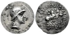 Greek Coins Greco-Baktrian Kingdom. Eukratides I Megas. Tetradrachm. 170-145 BC. (Bopearachchi-6E). (SNG Ans-465). Anv.: Diademed and draped bust to right, wearing crested helmet adorned with bull's h