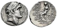 Greek Coins Seleukid Kingdom. Demetrios I Soter. Tetradrachm. SE 161 = 152/1 BC. Antioch. (SC-1641.6d). Anv.: Diademed head right. Rev.: ΒΑΣΙΛΕΩΣ ΔΗΜΗΤΡΙΟΥ ΣΩΤΗΡΟΣ, Tyche seated left on throne support