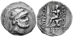 Greek Coins Kings of Charakene. Apodakos. Tetradrachm. SE 210 = 103 BC. Charax-Spasinu. (Alram-495 var. Date). (De Morgan-2 and pl. XL, 3 var.). Anv.: Diademed head right. Rev.: BAΣIΛEΩΣ to right, AΓΓ