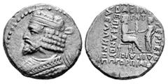 Greek Coins Kingdom of Parthia. Vardanes I. Tetradrachm. SE 353 = 42 AD. Seleukeia on the Tigris. (Sellwood-64.2-10). Anv.: Diademed bust to left. Rev.: Vardanes seated to right, receiving palm frond 