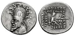 Greek Coins Kingdom of Parthia. Phraates III. Drachm. 70-58 BC. (Sellwood-39.2). Anv.: Diademed bust left, wearing tiara decorated with horn and stags. Rev.: Archer (Arsakes I) seated right, holding b