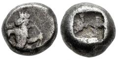 Greek Coins Achaemenid Empire. Time of Xerxes II to Artaxerxes II. 1/4 Siglos. 420-350 BC. Sardes. (GRPC-Lydia S29). (Klein-764). (Bmc-Arabia p.167, 143). Anv.: Persian king or hero, wearing kidaris a