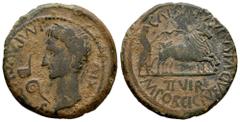 Celtiberian Coins Caesaraugusta. Augustus period. Unit. 27 BC - 14 AD. Zaragoza. (Abh-324). (Acip-3038). Anv.: IMP. AVGVSTVS. XIV. Laureate head of Augustus left, lituus and simpulum before. Rev.: Pai