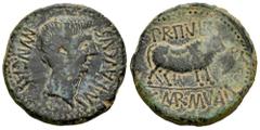 Celtiberian Coins Calagurris. Augustus period. Unit. 27 BC - 14 AD. Calahorra (La Rioja). (Abh-415). (Acip-3121). Anv.: MVN. CALAG. IMP. AVGVSTVS. Bare head of Augustus right. Rev.: Bull right, PR. II