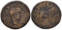 Celtiberian Coins Calagurris. Time of Tiberius. Unit. 14 - 36 BC. Calahorra (La Rioja). (Abh-430). (Acip-3130). Anv.: TI. CAESAR. DIVI. AVG. F.AVGVSTVS. Laureate head of Tiberius right. Rev.: Bull rig