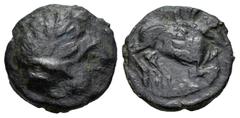 Celtiberian Coins Emporiton. Drachm. 3rd century BC. South of France. (Abh-1118 var.). (MIB-Type 1/234b). Anv.: Persephone-Arethusa head right, pellet behind, three dolphins around. Rev.: Pegasus, wit