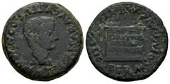 Celtiberian Coins Italica. Time of Tiberius. Unit. 14 - 36 AD. Santiponce (Sevilla). (Abh-1593). (Acip-3333). Anv.: IMP. TI. CAESAR. AVGVSTVS. PON. MAX. Bare head of Tiberius right. Rev.: Altar with l