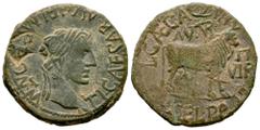 Celtiberian Coins Turiaso. Augustus period. Unit. 27 BC - 14 AD. Tarazona (Zaragoza). (Abh-2454). (Acip-3292). Anv.: TI. CAESAR. AVGVST. F. IMPER. around laureate head of Tiberius right. Rev.: Bull ri