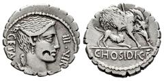 Roman Republican Hosidius. C. Hosidius C.f. Geta. Denarius. 68 BC. South of Italy. (Ffc-752). (Craw-407/1). (Cal-620). Anv.: Head of Diana draped right, bow and quiver at her shoulder GETA behind, III