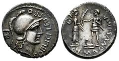 Roman Imperatorial Pompeius Magnus. Cn. Pompeius Magnus y M. Poblicius. Denarius. 46-45 BC. Hispania. (Ffc-1). (Craw-469/1a var). Anv.: M. POBLICI. LEO. PRO. PR. head of Roma right.; bead and reel bor