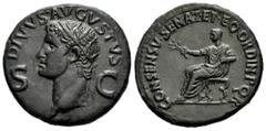 Roman Imperatorial Augustus. Dupondius. 37-41 AD. (Ric-I 56 (Gaius)). Anv.: DIVVS AVGVSTVS. Radiate head left; in field, S – C . Rev.: CONSENSV·SENAT·ET·EQ·ORDIN·P·Q·R· Augustus (?), laureate and toga