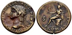 Roman Imperial Nero. Sestertius. 66 AD. Lugdunum. (Ric-517). Anv.: IMP NERO CAESAR AVG PONT MAX TR POT PP. Laureate head left, globe at point of bust. Rev.: Roma seated left, holding Victory and paraz