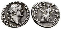 Roman Imperial Vespasian. Denarius. 70 AD. Rome. (Ric-II 1.29). (Bmcre-26). (Rsc-94h). Anv.: IMP CAESAR VESPASIANVS AVG, laureate head to right. Rev.: COS ITER TR POT, Pax seated to left, holding bran