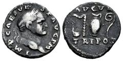 Roman Imperial Vespasian. Denarius. 71 AD. Rome. (Ric-II 1,43). (Bmcre-50). (Rsc-43). Anv.: IMP CAES VESP AVG P M, laureate head to right. Rev.: Simpulum, sprinkler, jug and lituus; AVGVR above, TRI P