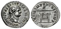 Roman Imperial Titus. Denarius. 80 AD. Rome. (Ric-II 1.119). (Bmcre-51/54). (Rsc-316). Anv.: IMP TITVS CAES VESPASIAN AVG P M, laureate head to right. Rev.: TR P IX IMP XV COS VIII P P, pulvinar (thro