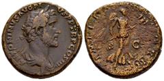 Roman Imperial Antoninus Pius. Sestertius. 143-144 AD. Rome. (Ric-III 717). (Banti-179). Anv.: ANTONINVS AVG PIVS P P TR P COS III, Laureate and draped bust right. Rev.: IMPERATOR II, Victory flying t