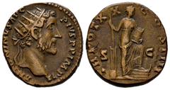 Roman Imperial Antoninus Pius. Dupondius. 157 AD. Rome. (Ric-III 969). Anv.: ANTONINVS AVG PIVS PP IMP II. Radiate head right. Rev.: TR POT XX COS IIII., Annona standing right, left foot on prow, hold